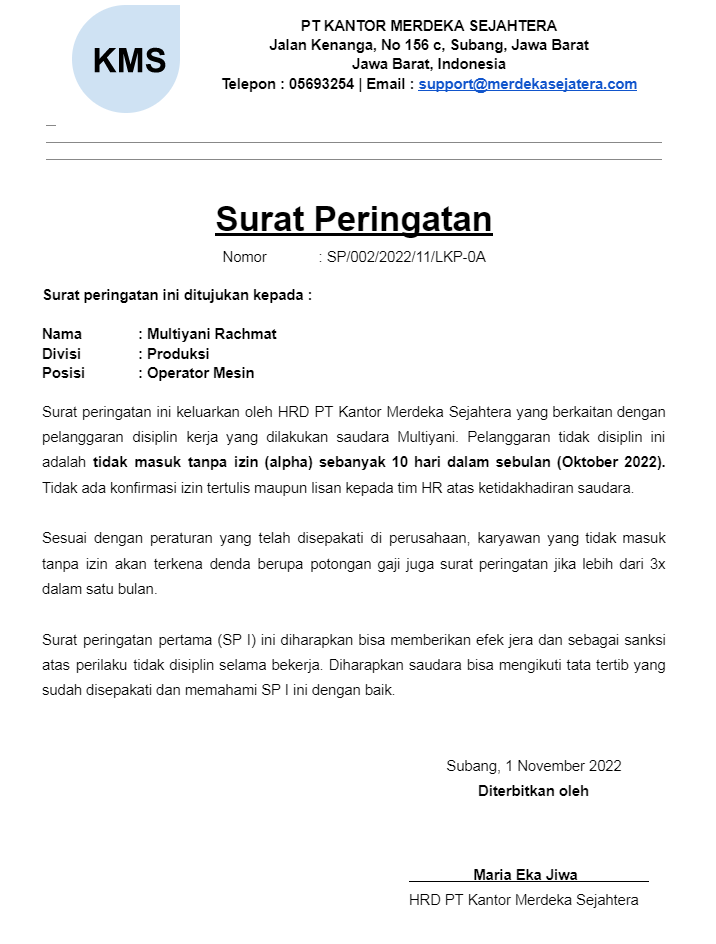 Contoh Surat Teguran Karyawan 